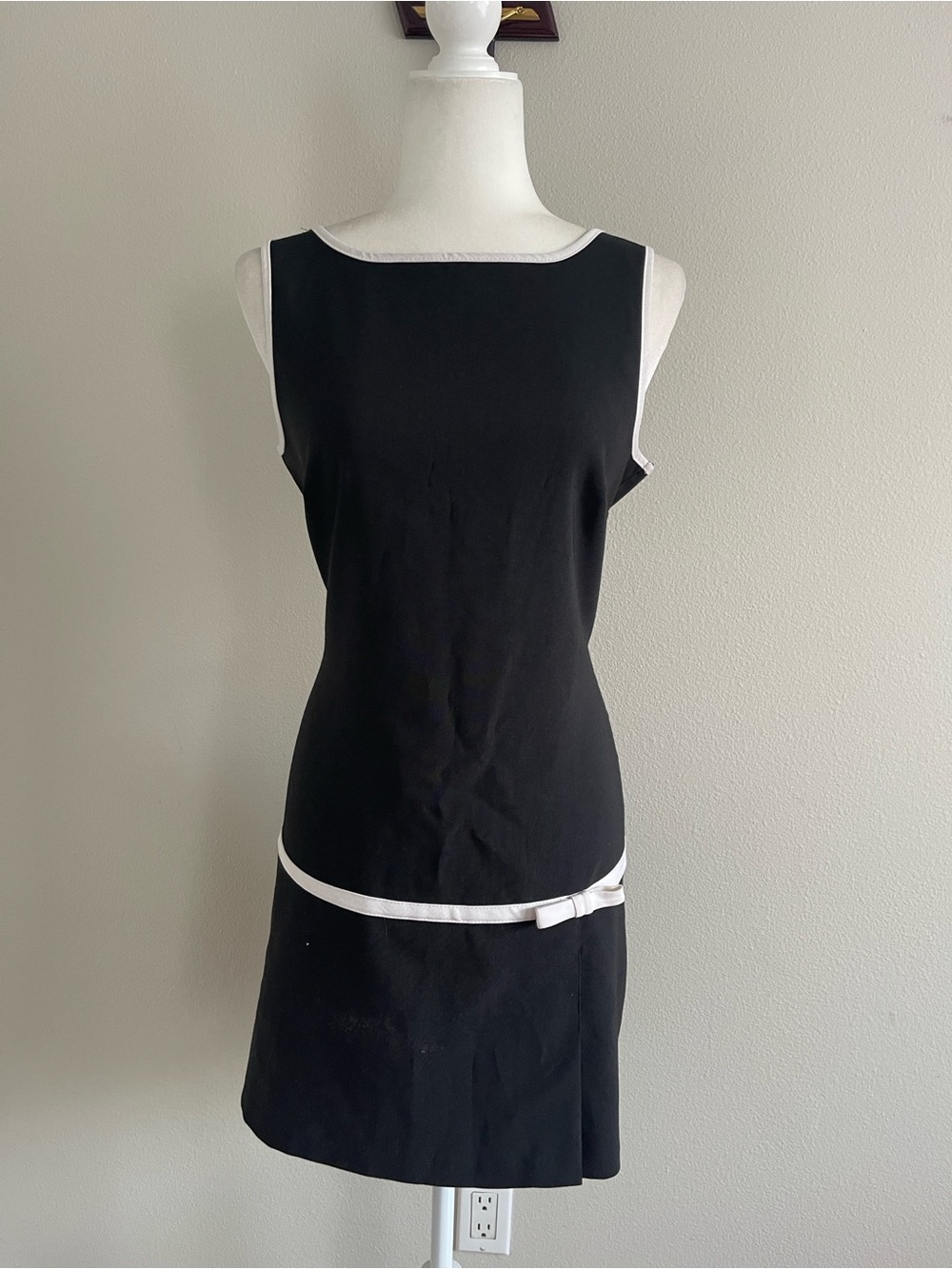 Sleeveless Black Mini Dress with White Trim